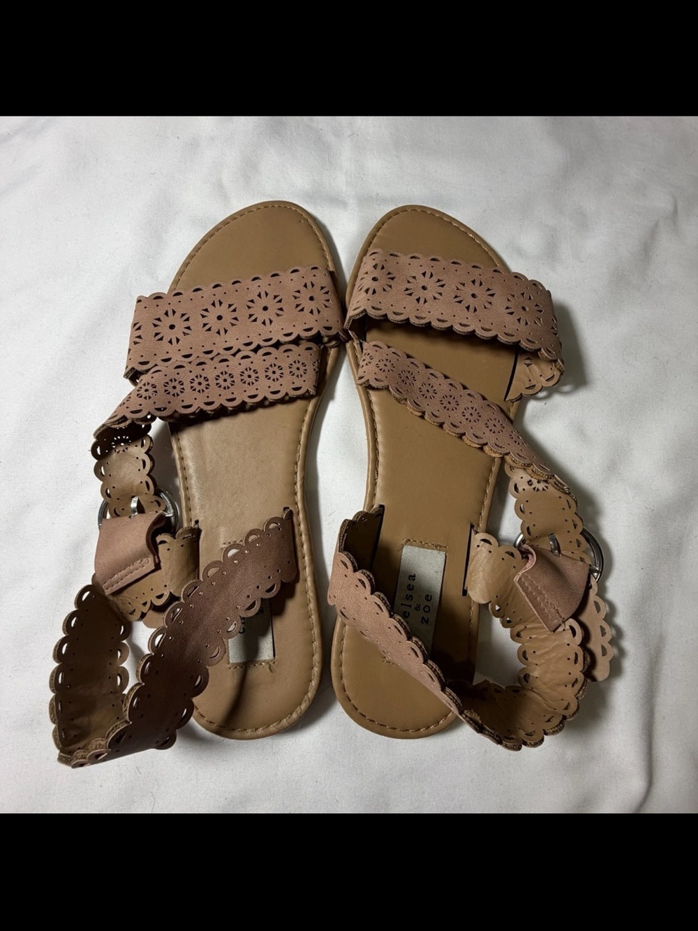 Chelsea & Zoe Laser-Cut Scalloped Strap Sandals in Taupe